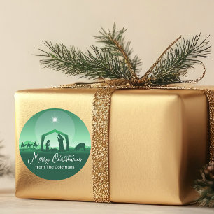 Sticker Rond Joyeux Noël Scène de la Nativité Verte Religieuse