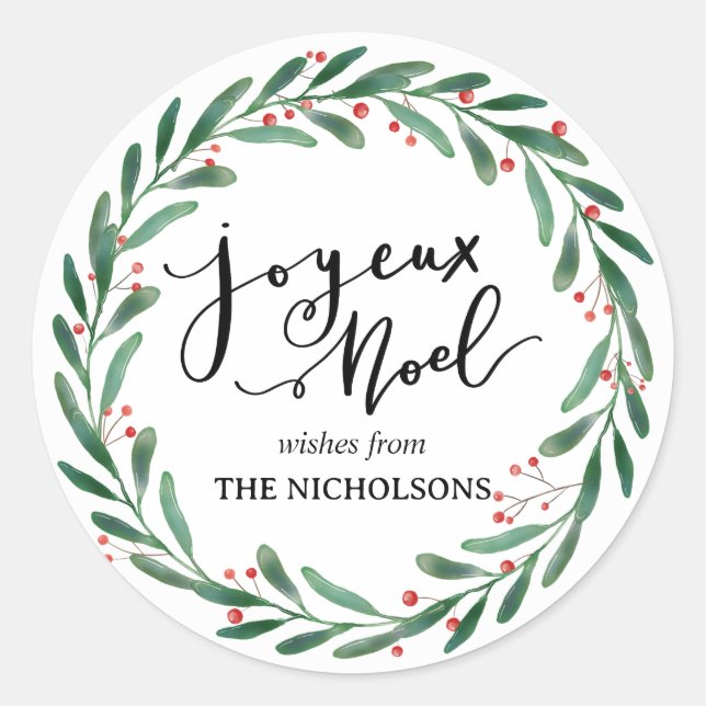 Sticker Rond Joyeux Noel Script Décontracté simple | Wreath (Devant)