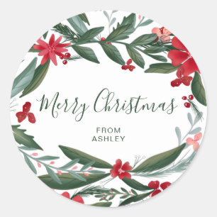 Sticker Rond Joyeux Noël script hiver floral rouge vert