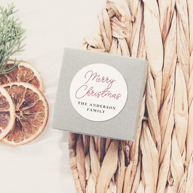 Sticker Rond Joyeux Noël Script & Nom de famille Personnalisé (Créateur téléchargé)