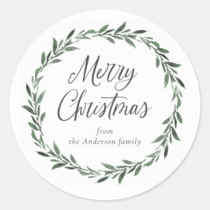 Sticker Rond Joyeux Noël Simple Guirlande Aquarelle Rustique