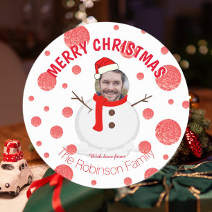 Sticker Rond Joyeux Noël Snowman Funny Photo visage