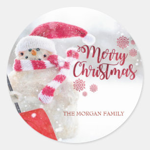 Sticker Rond Joyeux Noël, Snowman, Santa Hat - Personnalisé