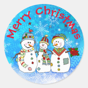 Sticker Rond Joyeux Noël Snowmen et Snowflakes