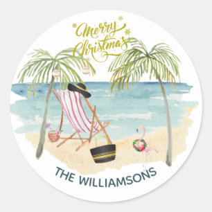 Sticker Rond Joyeux Noël sur la plage Nom de famille