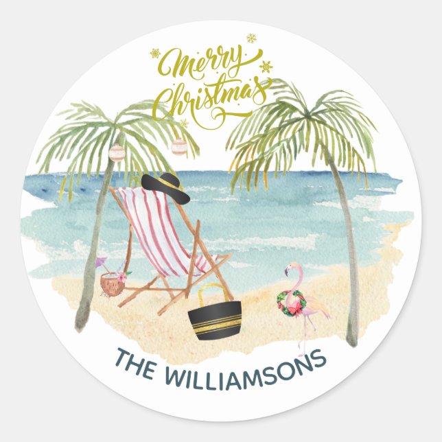 Sticker Rond Joyeux Noël sur la plage Nom de famille (Devant)