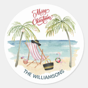 Sticker Rond Joyeux Noël sur le nom de famille de la plage