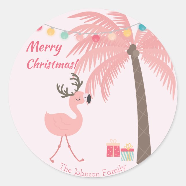 Sticker Rond Joyeux Noël - Sweet Tropical Père Noël Flamant ros (Devant)