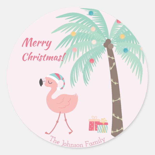 Sticker Rond Joyeux Noël - Sweet Tropical Père Noël Flamant ros (Devant)