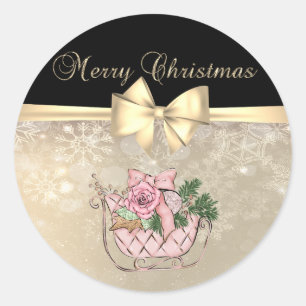 Sticker Rond Joyeux Noël,Traîneau Rose,Flocons de neige,  Arc 