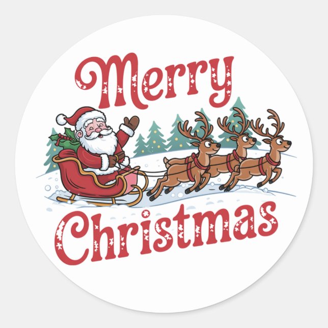 Sticker Rond Joyeux Noël Traîneau Volant Père Noël Renne  (Devant)