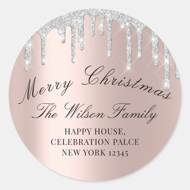 Sticker Rond Joyeux Noël Vacances RSVP Rose Grey Argent (Devant)
