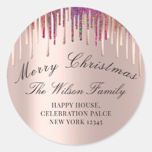 Sticker Rond Joyeux Noël Vacances RSVP Rose Holographie