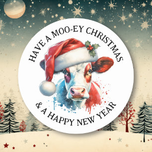 Sticker Rond Joyeux Noël   Vache amusante à Santa Hat