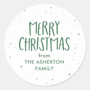 Sticker Rond Joyeux Noël vert étoiles points cadeau personnalis
