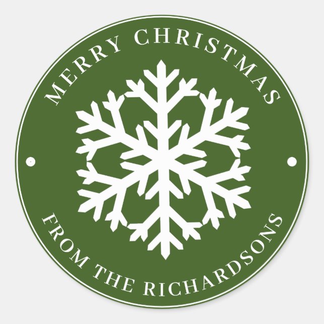 Sticker Rond Joyeux Noël Vert rond blanc flocon de neige (Devant)