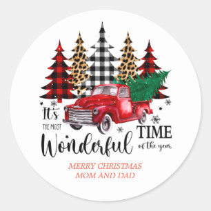 Sticker Rond Joyeux Noël vintage Camion Rouge