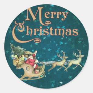 Sticker Rond Joyeux Noël Vintage Père Noël/Sleigh