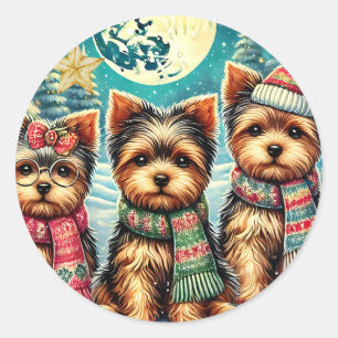 Sticker Rond Joyeux Noël vintage Terrier Yorskhire Yorkie