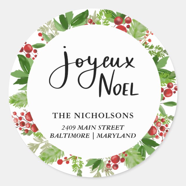 Sticker Rond Joyeux Noel Wreath Script festif | Fêtes (Devant)