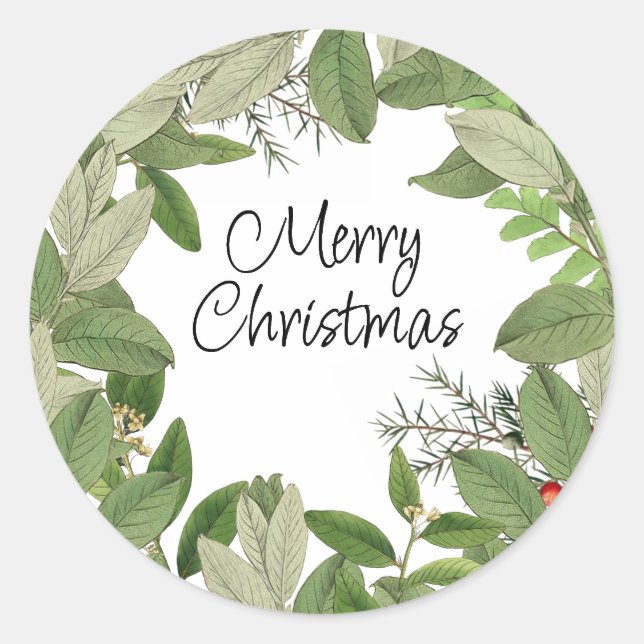 Sticker Rond Joyeux Noël Wreath Verdure Feuilles vacances (Devant)