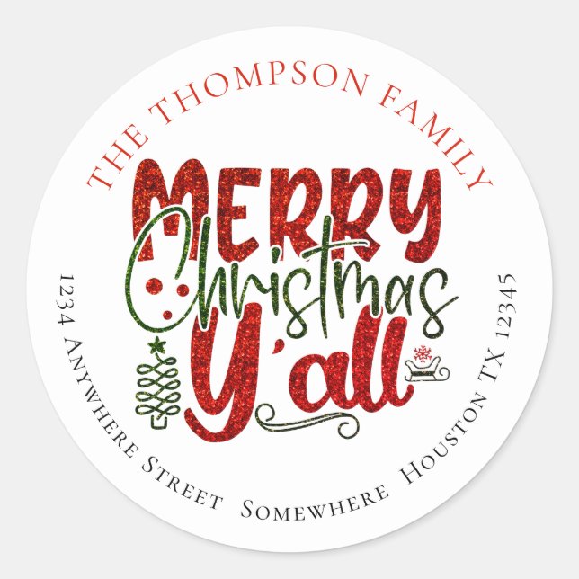 Sticker Rond Joyeux Noël Y’All Parties scintillant Nom Adresse (Devant)
