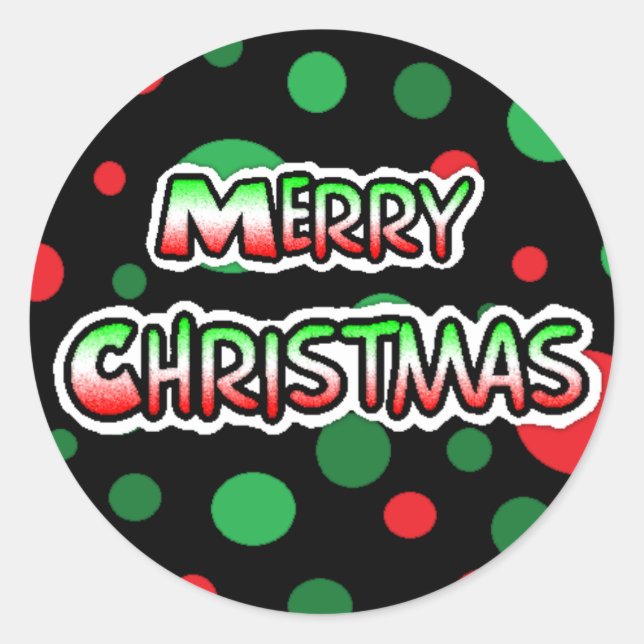 Sticker Rond Joyeux Noir de Noël, Rouge Vert Polka Dot (Devant)