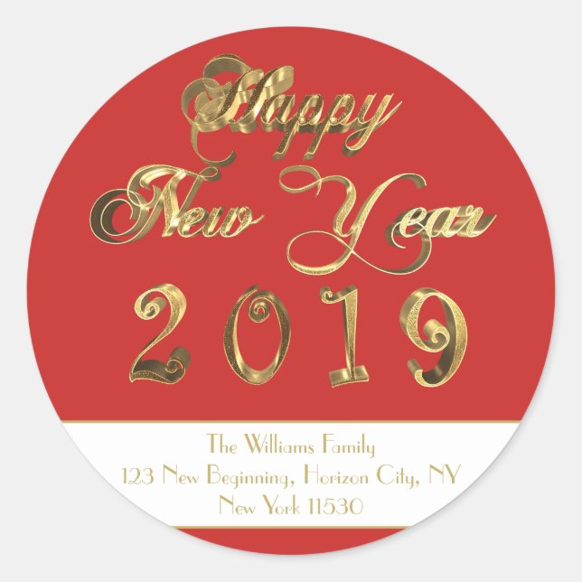 Sticker Rond Joyeux Nouvel An 2019 Rouge et Blanc Gold Script (Devant)