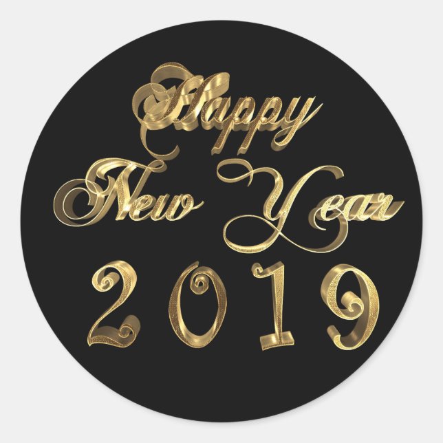 Sticker Rond Joyeux Nouvel An 2019 Script noir et or (Devant)