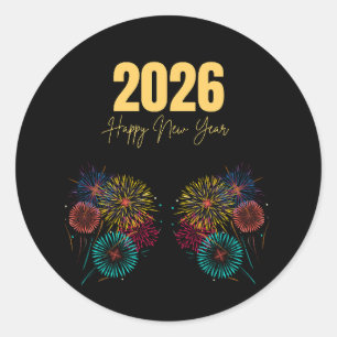 Sticker Rond Joyeux Nouvel An 2026 Feu d'Artifice Célébration