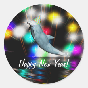 Sticker Rond Joyeux Nouvel An Dauphin et feux d'artifice