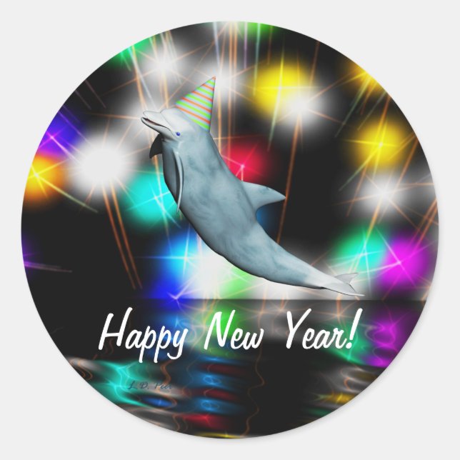 Sticker Rond Joyeux Nouvel An Dauphin et feux d'artifice (Devant)