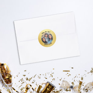 Sticker Rond Joyeux Nouvel An de la famille moderne Gold et Bla
