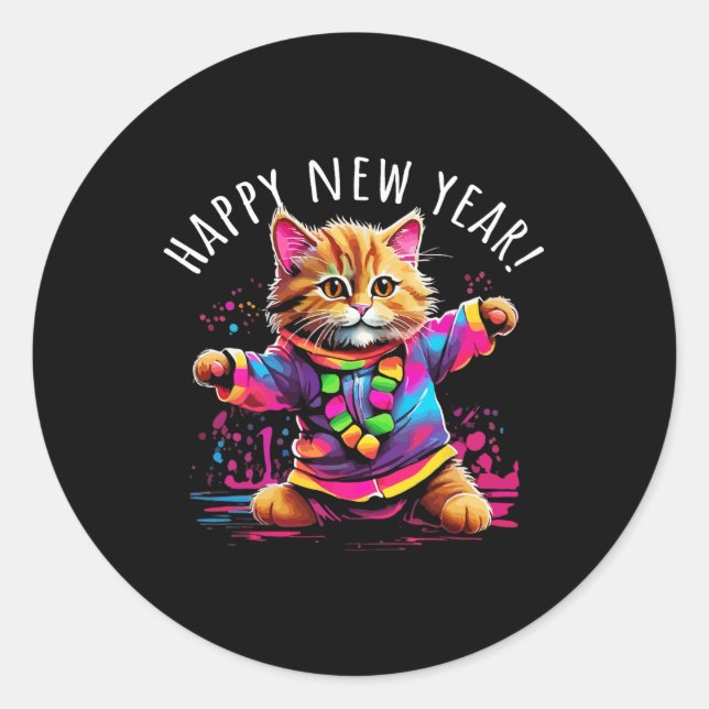 Sticker Rond Joyeux Nouvel An Fête Danser Design Chat (Devant)