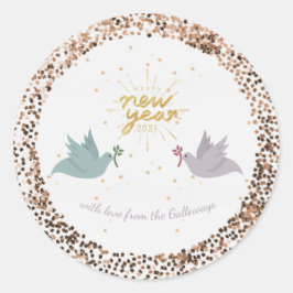 Sticker Rond Joyeux Nouvel An Peace Doves Parties scintillant M