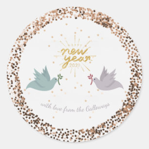 Sticker Rond Joyeux Nouvel An Peace Doves Parties scintillant M