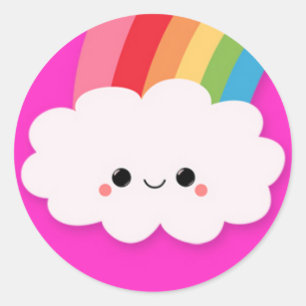 Sticker Rond Joyeux nuage arc-en-ciel sur rose chaud