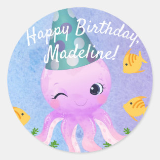 Sticker Rond Joyeux Octopus violet anniversaire