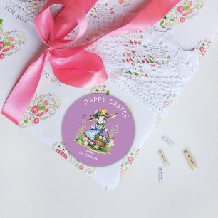 Sticker Rond Joyeux OEufs de lapin de Pâques violet Vintage Aqu