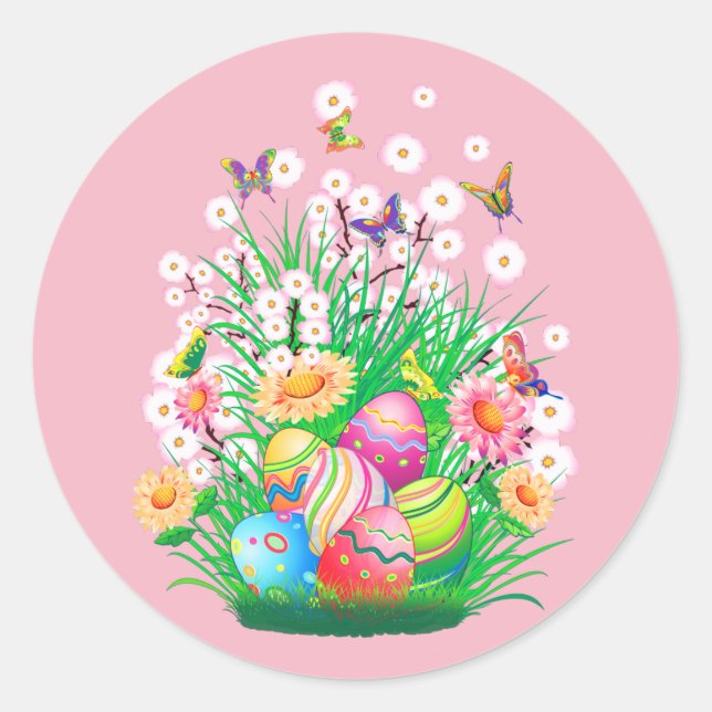 Sticker Rond Joyeux Oeufs de Pâques et design floral (Devant)