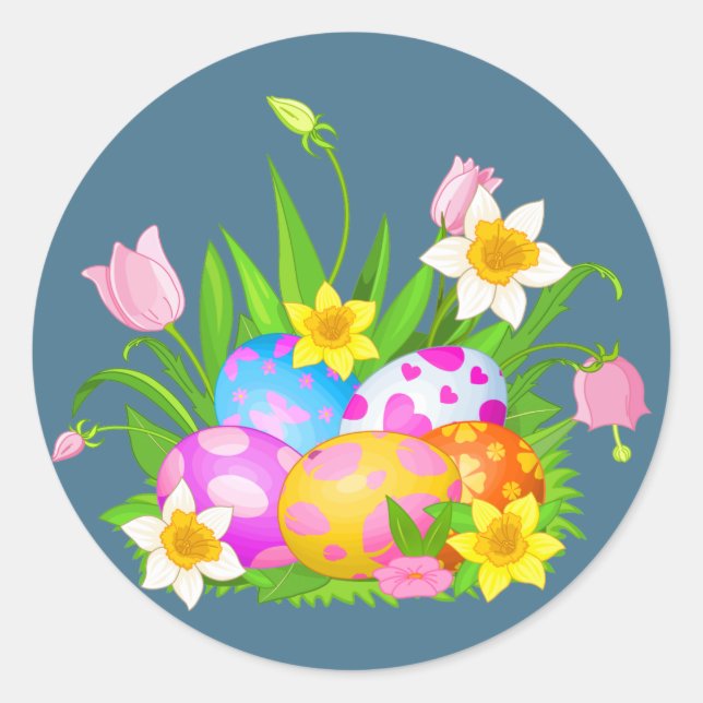 Sticker Rond Joyeux oeufs de Pâques et fleurs (Devant)