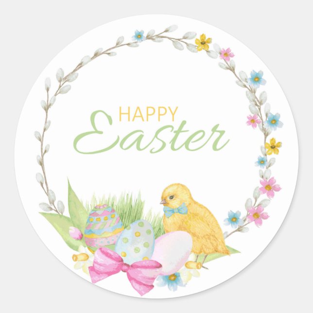 Sticker Rond Joyeux oeufs de poussins modernes de Pâques couron (Devant)