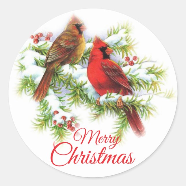 Sticker Rond Joyeux Oiseaux Cardinaux De Noël En Arbre (Devant)
