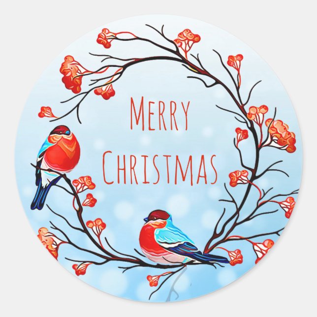 Sticker Rond Joyeux Oiseaux de Noël sur une branche de Berry (Devant)