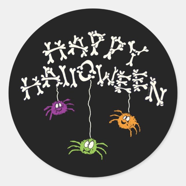 Sticker Rond Joyeux os d'Halloween et araignées (Devant)