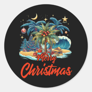 Sticker Rond Joyeux palmier de Noël Hawaii Tropical Hawaii