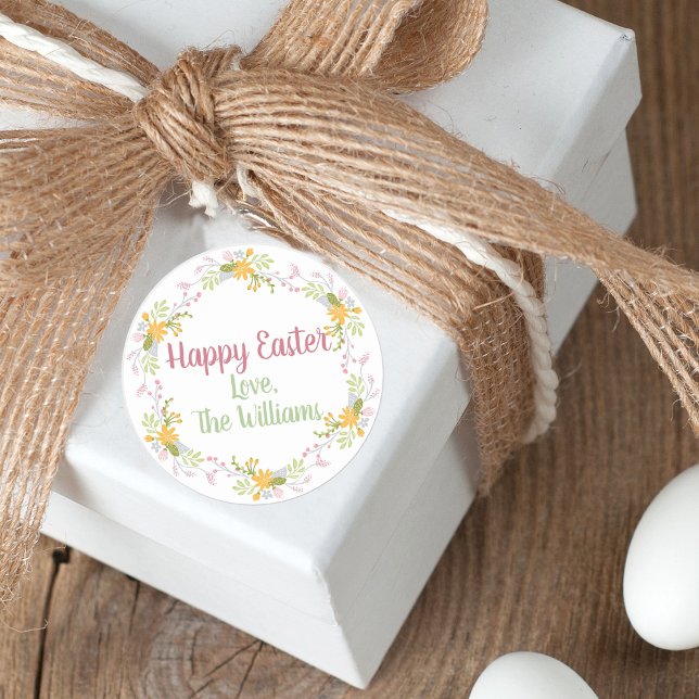 Sticker Rond Joyeux Pâques Elégant rose Merci floral (Créateur téléchargé)