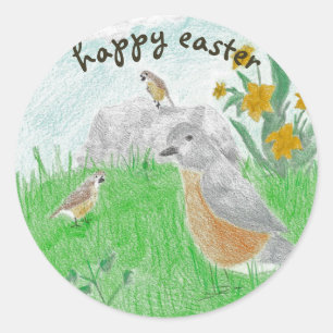 Sticker Rond Joyeux Pâques Fleurs Artistiques Robins