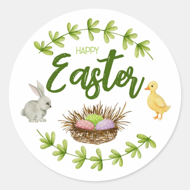 Sticker Rond Joyeux Pâques, lapin, canard, oeufs dans le panier (Devant)
