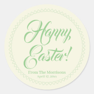 Sticker Rond Joyeux Pâques vert coeur pastel script personnalis